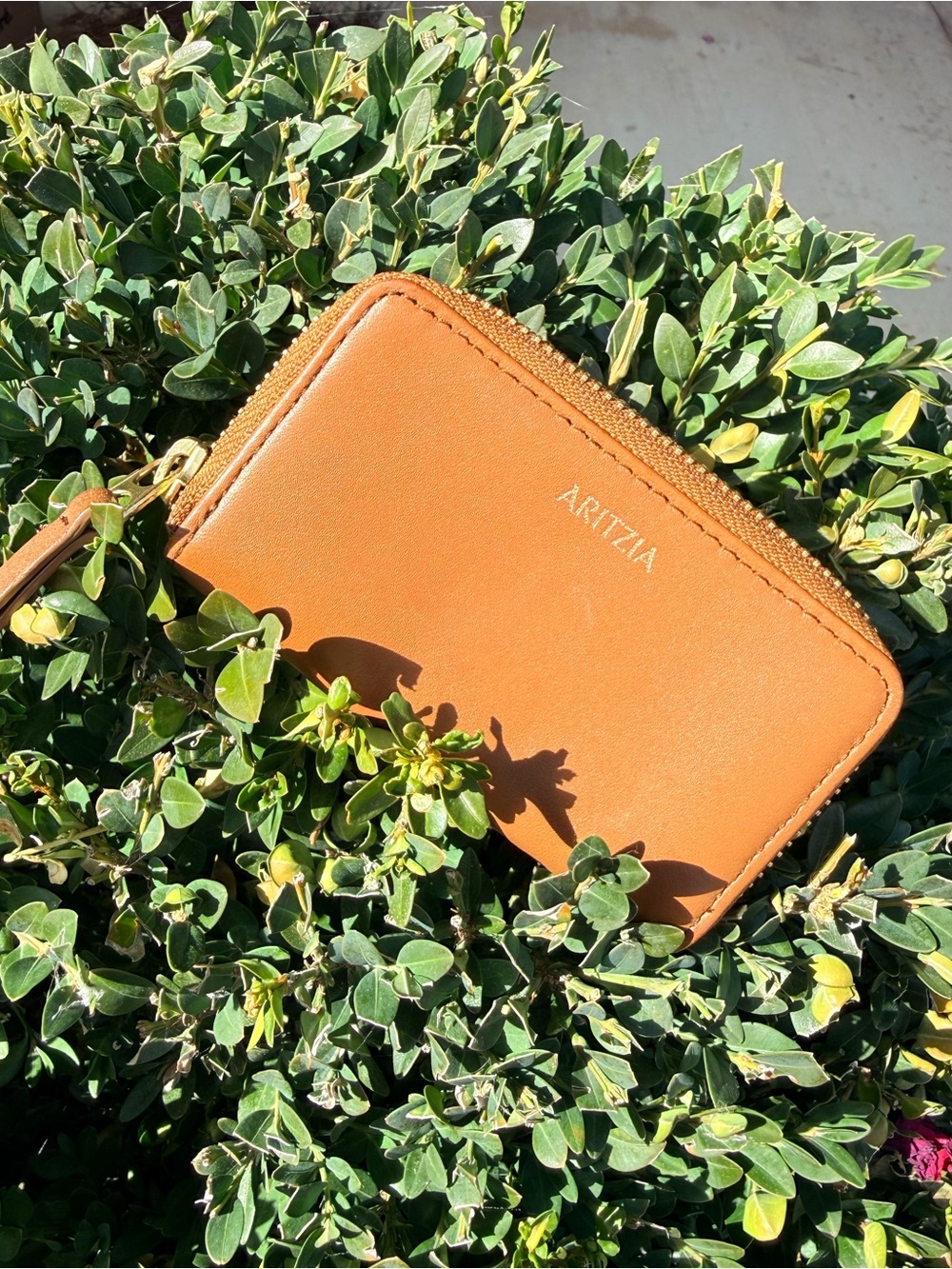 Aritzia Genuine Leather Zip Wallet Cognac Brown Gold Hardware